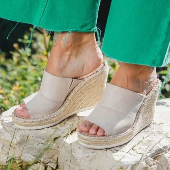 TOMS Canvas Slip On Espadrille Mules Wedge Sandals - Picture 2 of 9